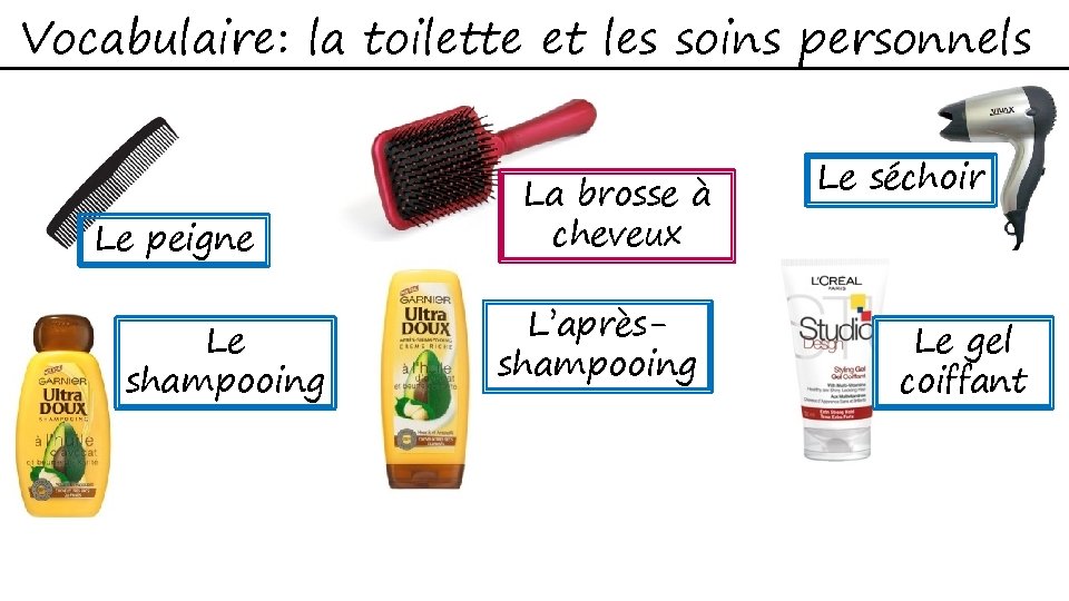 Vocabulaire: la toilette et les soins personnels Le peigne Le shampooing La brosse à