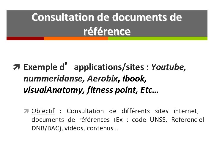 Consultation de documents de référence Exemple d’applications/sites : Youtube, nummeridanse, Aerobix, Ibook, visual. Anatomy,