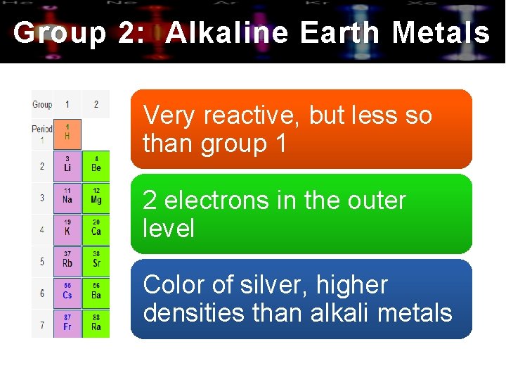 Group 2: Alkaline Earth Metals Very reactive, but less so than group 1 2