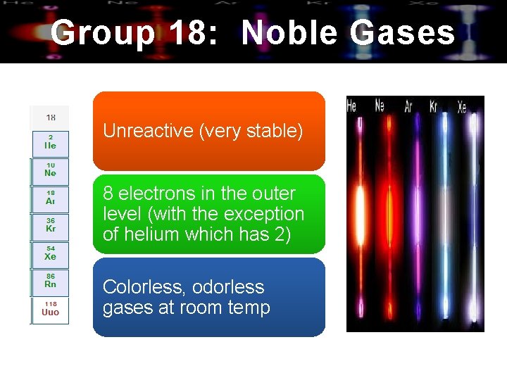 Group 18: Noble Gases Unreactive (very stable) 8 electrons in the outer level (with