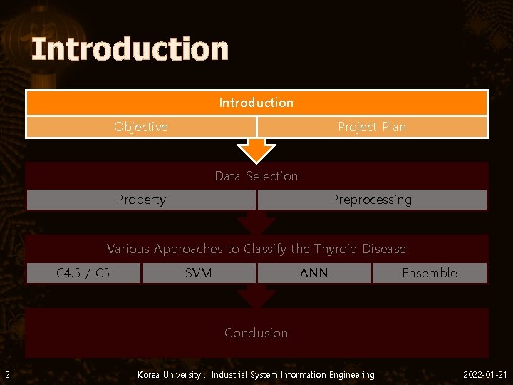 Introduction Objective Project Plan Data Selection Property Preprocessing Various Approaches to Classify the Thyroid