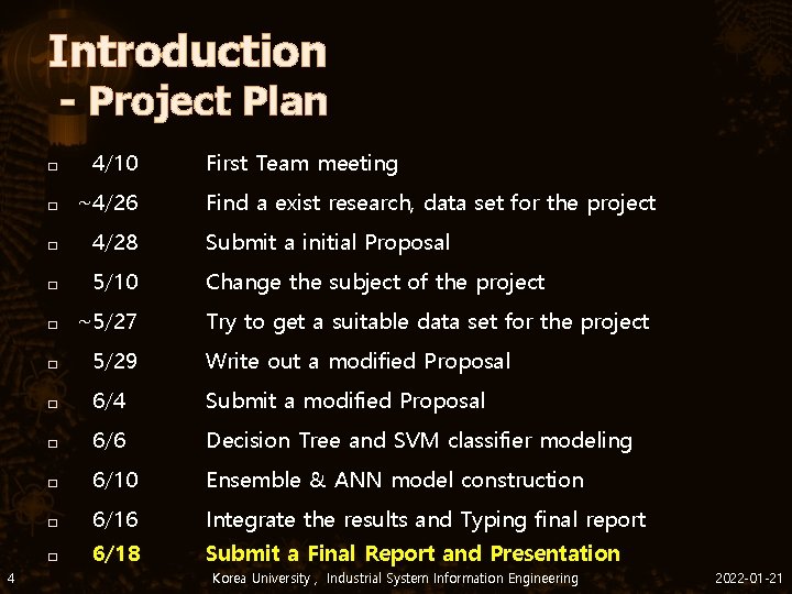 Introduction - Project Plan 4 � 4/10 First Team meeting � ~4/26 � 4/28