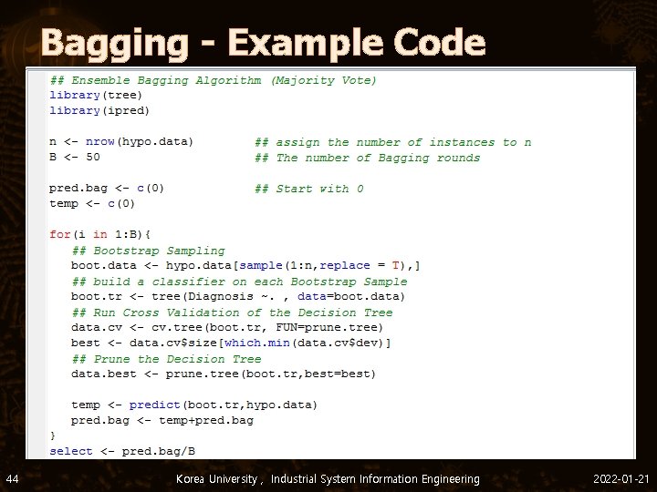 Bagging - Example Code - Ensemble Methods 44 Korea University , Industrial System Information