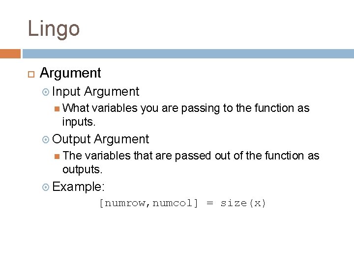 Lingo Argument Input Argument What variables you are passing to the function as inputs.