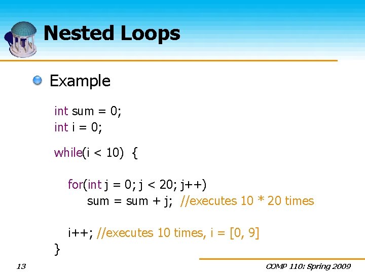Nested Loops Example int sum = 0; int i = 0; while(i < 10)
