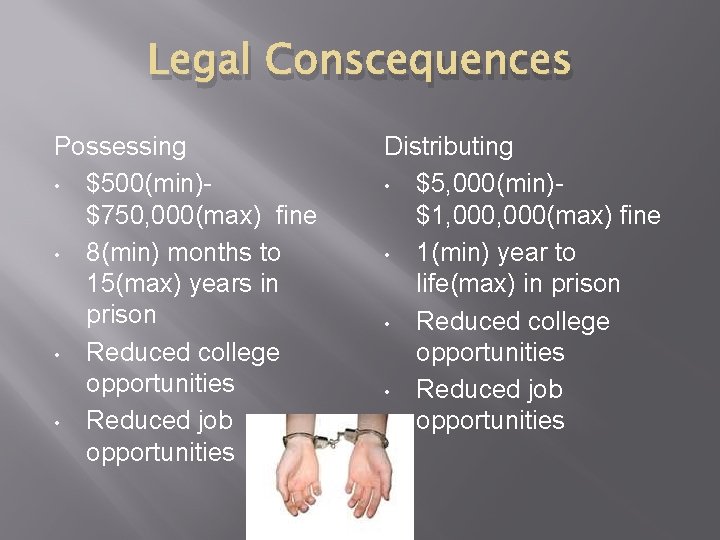 Legal Conscequences Possessing • $500(min)$750, 000(max) fine • 8(min) months to 15(max) years in