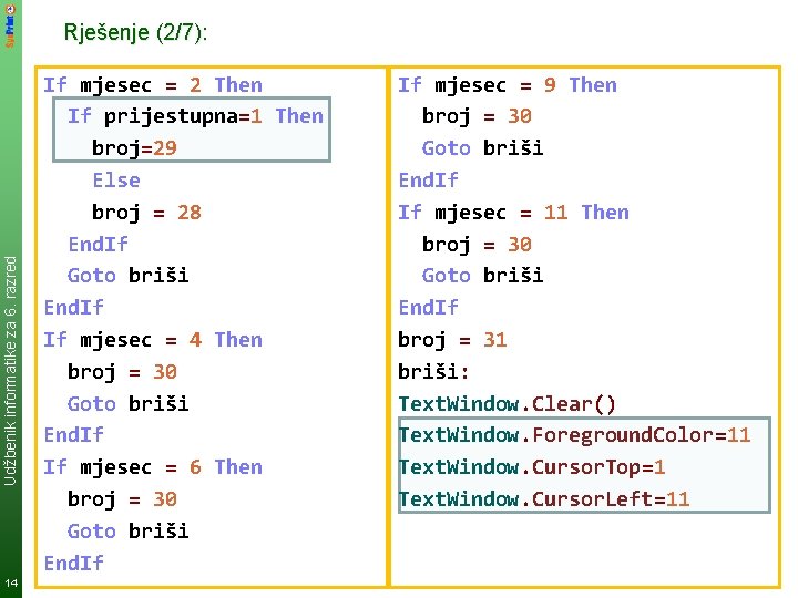 Udžbenik informatike za 6. razred Rješenje (2/7): 14 If mjesec = 2 Then If