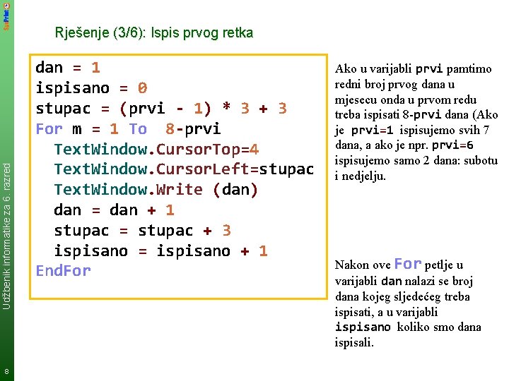 Udžbenik informatike za 6. razred Rješenje (3/6): Ispis prvog retka 8 dan = 1