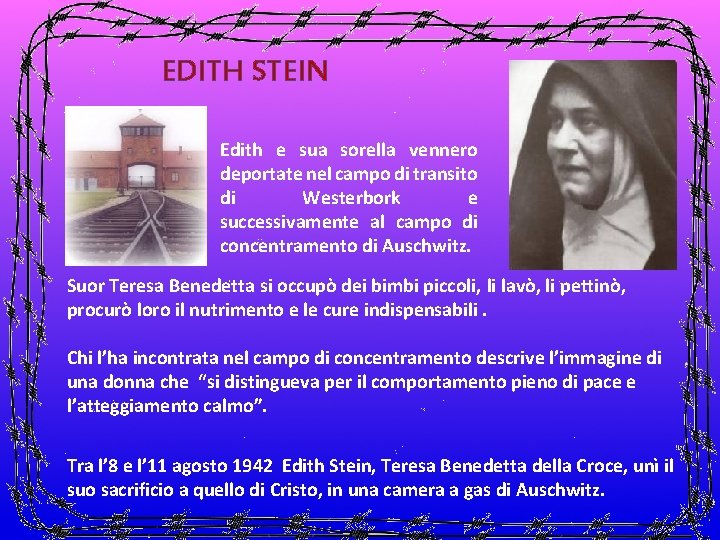 EDITH STEIN Edith e sua sorella vennero deportate nel campo di transito di Westerbork