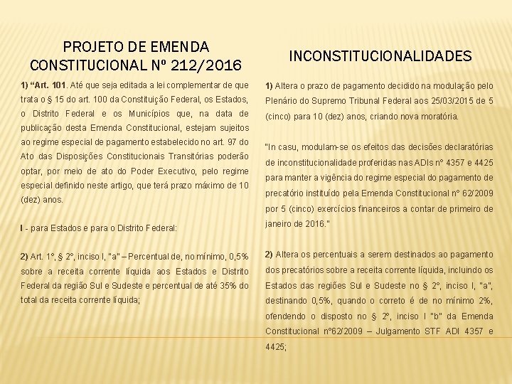 PROJETO DE EMENDA CONSTITUCIONAL Nº 212/2016 INCONSTITUCIONALIDADES 1) “Art. 101. Até que seja editada