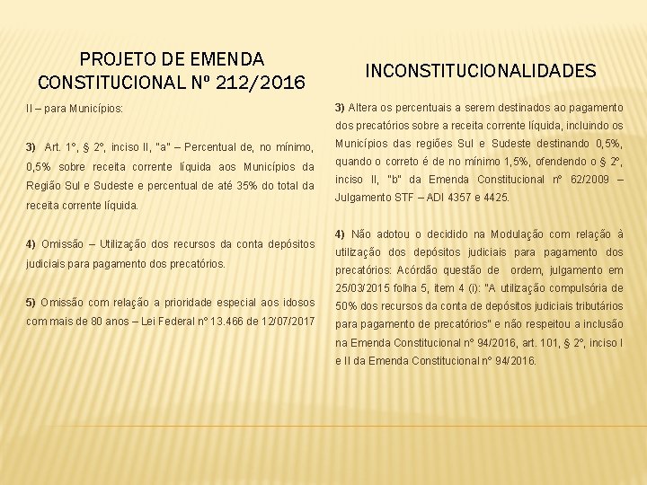 PROJETO DE EMENDA CONSTITUCIONAL Nº 212/2016 II – para Municípios: INCONSTITUCIONALIDADES 3) Altera os