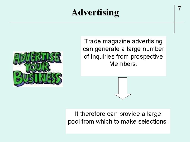 Advertising Trade magazine advertising can generate a large number of inquiries from prospective Members.