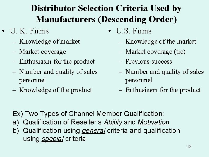 Distributor Selection Criteria Used by Manufacturers (Descending Order) • U. K. Firms – –