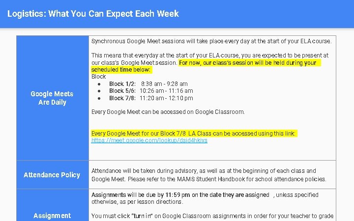 Logistics: What You Can Expect Each Week Synchronous Google Meet sessions will take place