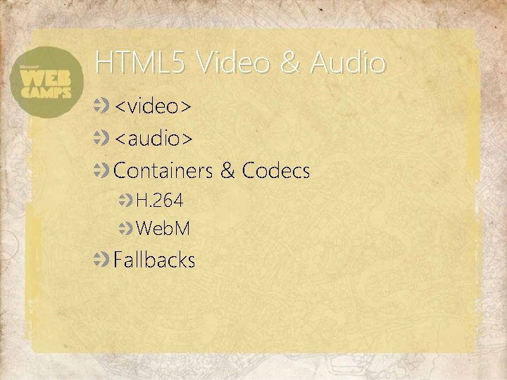 HTML 5 Video & Audio <video> <audio> Containers & Codecs H. 264 Web. M