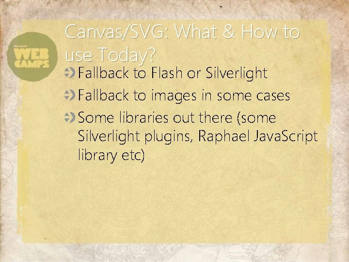 Canvas/SVG: What & How to use Today? Fallback to Flash or Silverlight Fallback to