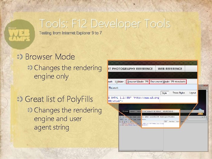 Tools: F 12 Developer Tools Testing from Internet Explorer 9 to 7 Browser Mode