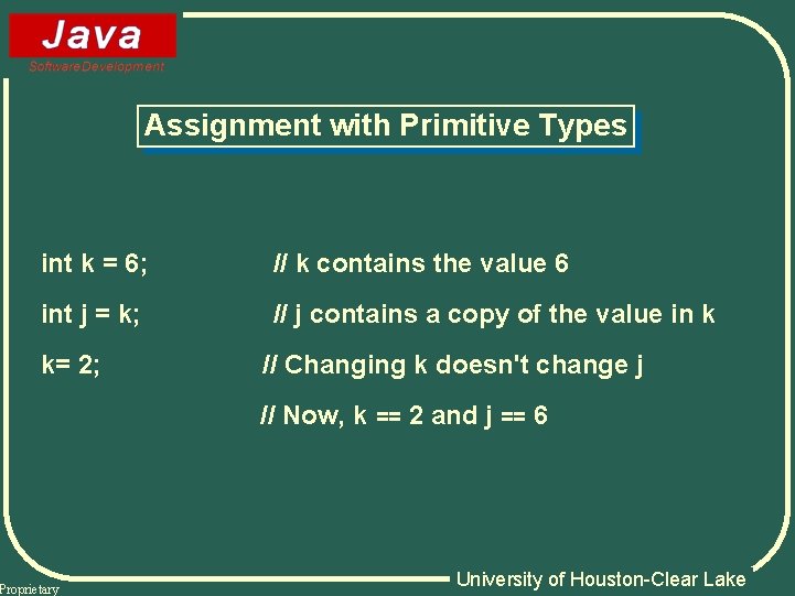 Assignment with Primitive Types int k = 6; // k contains the value 6