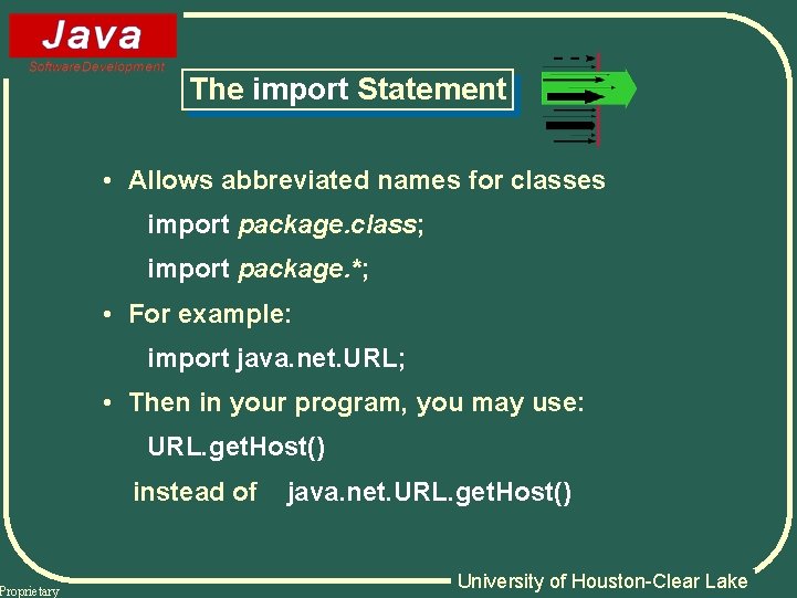 Proprietary The import Statement • Allows abbreviated names for classes import package. class; import