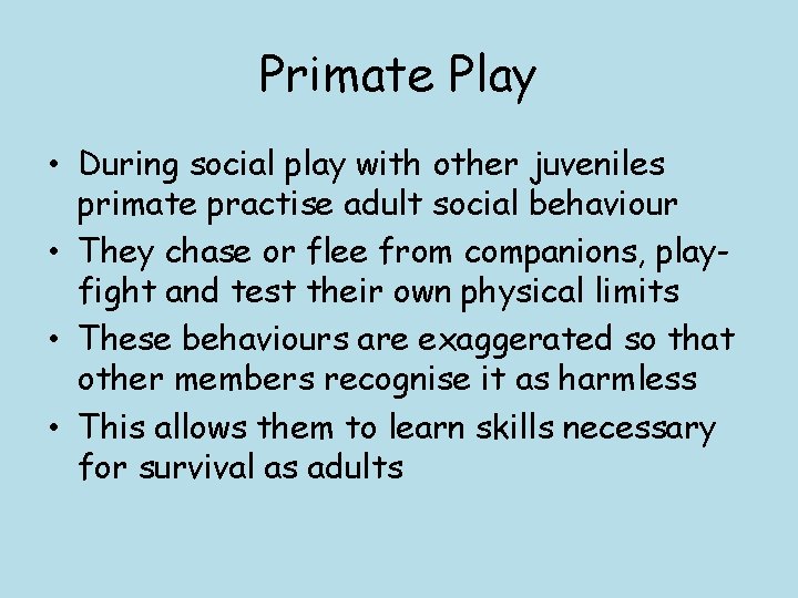 Primate Play • During social play with other juveniles primate practise adult social behaviour Primate Play • During social play with other juveniles primate practise adult social behaviour