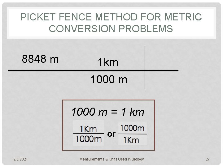 PICKET FENCE METHOD FOR METRIC CONVERSION PROBLEMS 8848 m 1 km 1000 m =