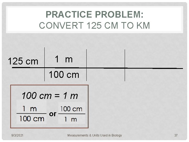 PRACTICE PROBLEM: CONVERT 125 CM TO KM 125 cm 1 m 100 cm =