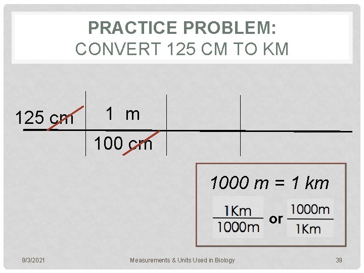 PRACTICE PROBLEM: CONVERT 125 CM TO KM 125 cm 1 m 100 cm 1000