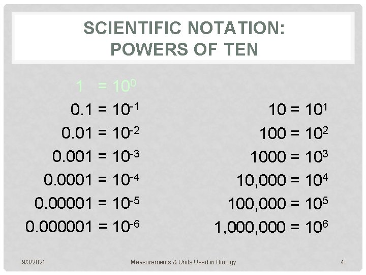 SCIENTIFIC NOTATION: POWERS OF TEN 1 = 100 0. 1 = 10 -1 0.