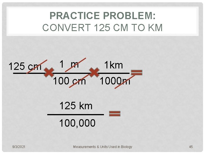 PRACTICE PROBLEM: CONVERT 125 CM TO KM 125 cm 1 m 1 km 100