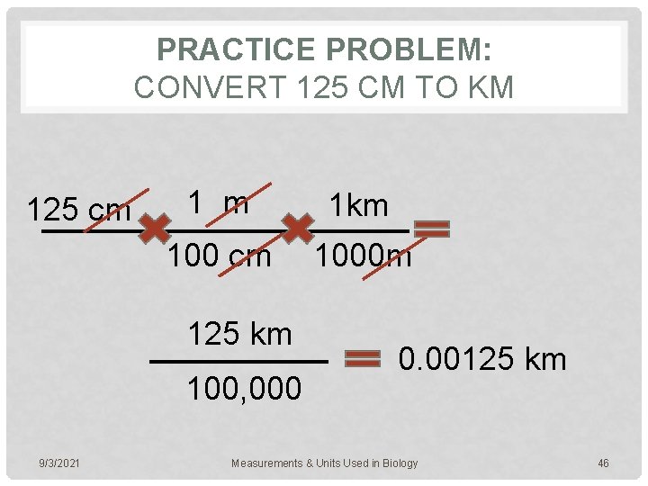 PRACTICE PROBLEM: CONVERT 125 CM TO KM 125 cm 1 m 1 km 100
