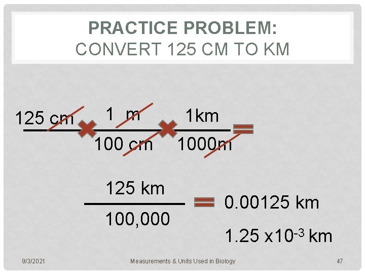 PRACTICE PROBLEM: CONVERT 125 CM TO KM 125 cm 1 m 1 km 100