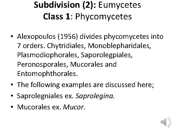 Subdivision (2): Eumycetes Class 1: Phycomycetes • Alexopoulos (1956) divides phycomycetes into 7 orders.