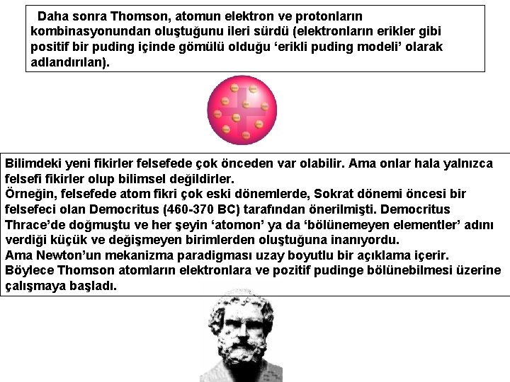 Daha sonra Thomson, atomun elektron ve protonların kombinasyonundan oluştuğunu ileri sürdü (elektronların erikler gibi