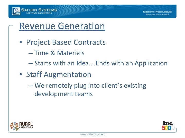 Revenue Generation • Project Based Contracts – Time & Materials – Starts with an