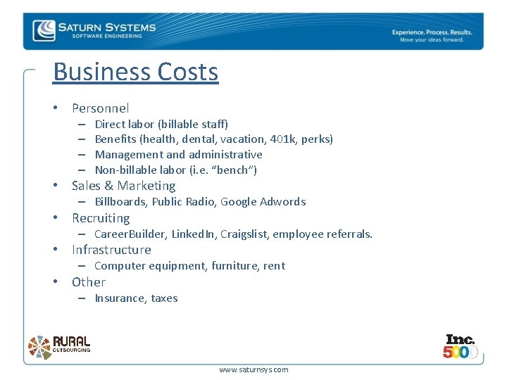 Business Costs • Personnel – – Direct labor (billable staff) Benefits (health, dental, vacation,