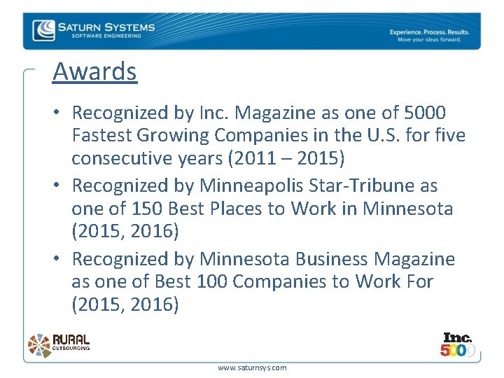 Awards • Recognized by Inc. Magazine as one of 5000 Fastest Growing Companies in