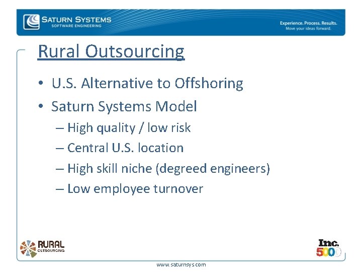 Rural Outsourcing • U. S. Alternative to Offshoring • Saturn Systems Model – High