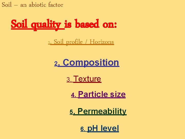 Soil – an abiotic factor Soil quality is based on: 1. Soil profile / Soil – an abiotic factor Soil quality is based on: 1. Soil profile /