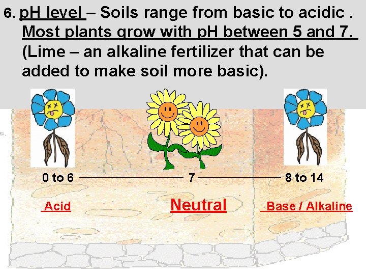 6. p. H level – Soils range from basic to acidic. Most plants grow 6. p. H level – Soils range from basic to acidic. Most plants grow