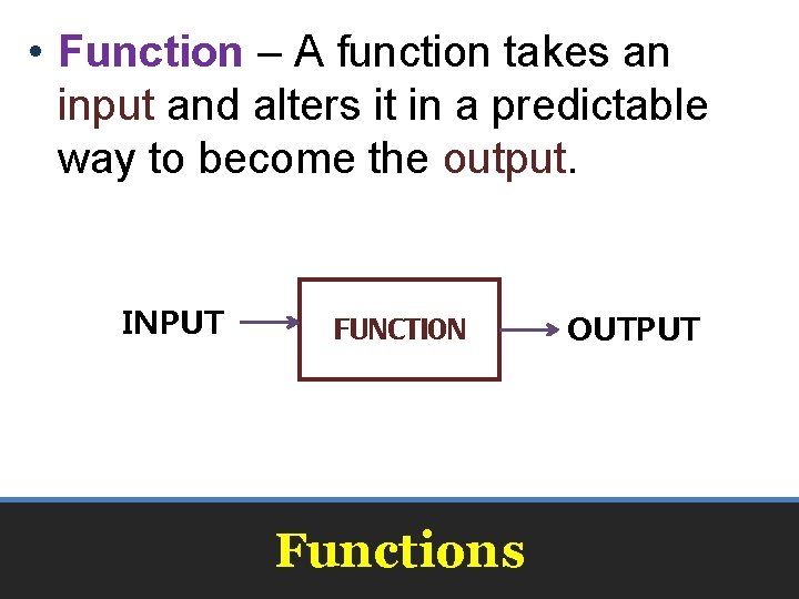  • Function – A function takes an input and alters it in a