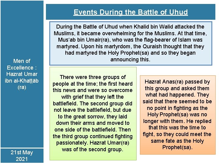 Events During the Battle of Uhud Men of Excellence : Hazrat Umar ibn al-Khaṭṭāb