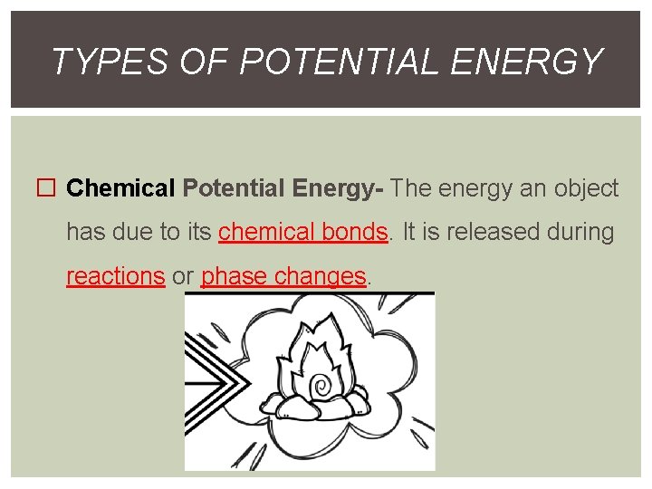 TYPES OF POTENTIAL ENERGY � Chemical Potential Energy- The energy an object has due