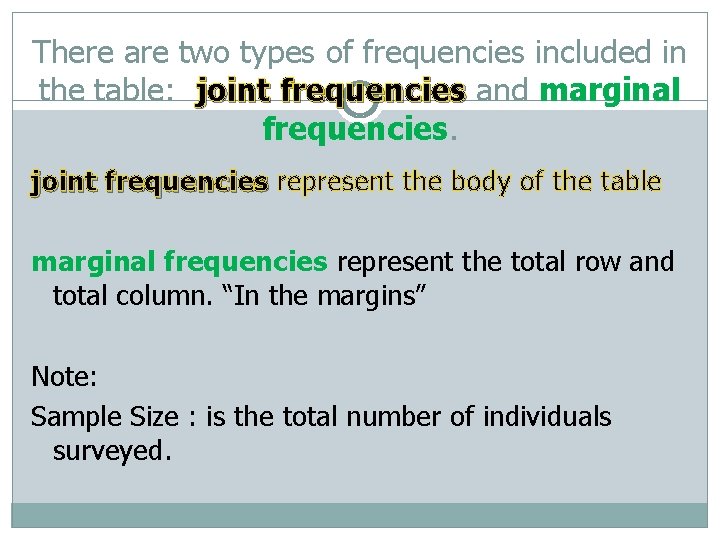 There are two types of frequencies included in the table: joint frequencies and marginal