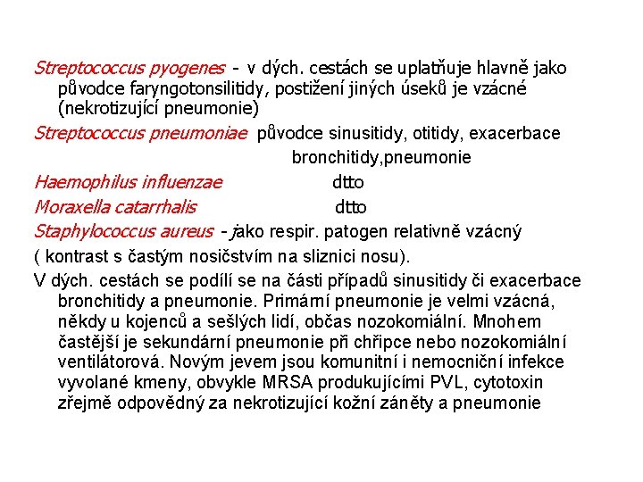 Streptococcus pyogenes - v dých. cestách se uplatňuje hlavně jako původce faryngotonsilitidy, postižení jiných