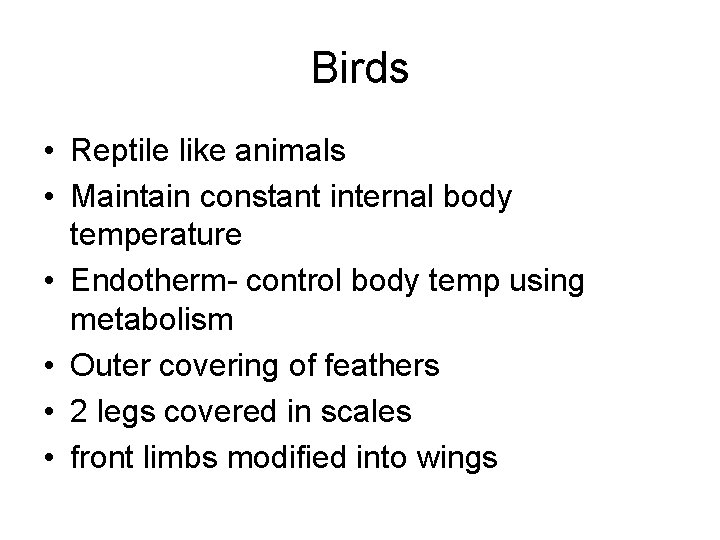 Birds • Reptile like animals • Maintain constant internal body temperature • Endotherm- control