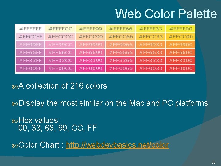 Web Color Palette A collection of 216 colors Display the most similar on the