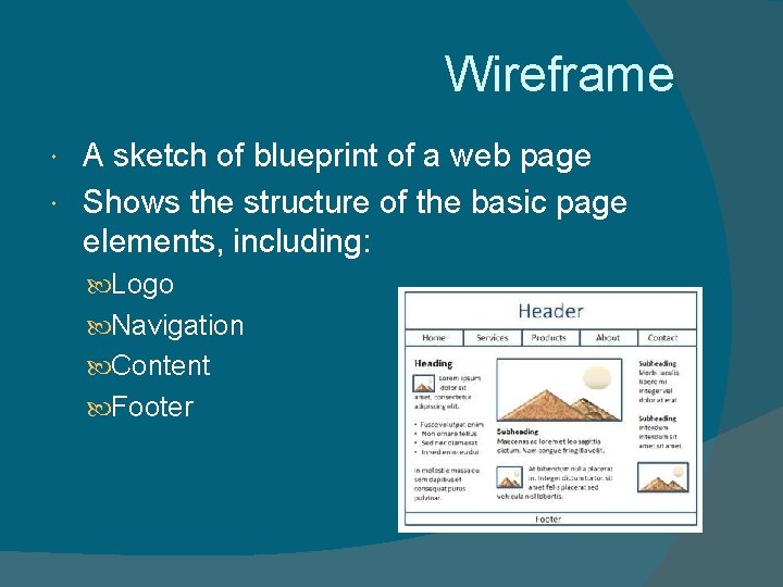 Wireframe A sketch of blueprint of a web page Shows the structure of the