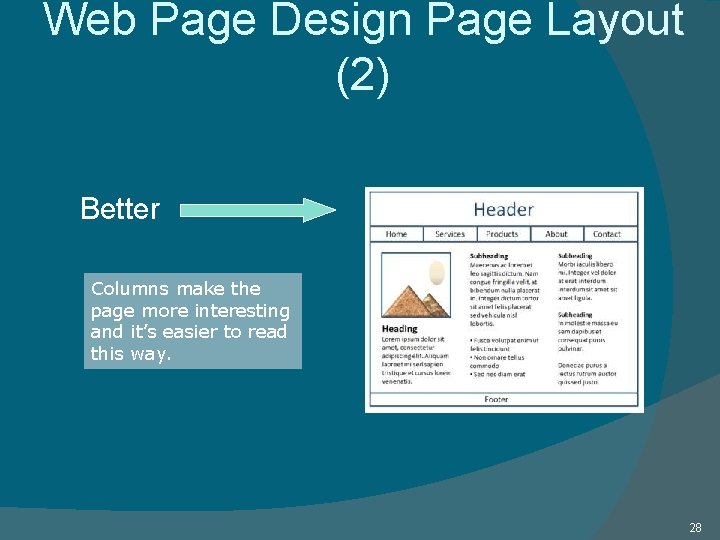 Web Page Design Page Layout (2) Better Columns make the page more interesting and