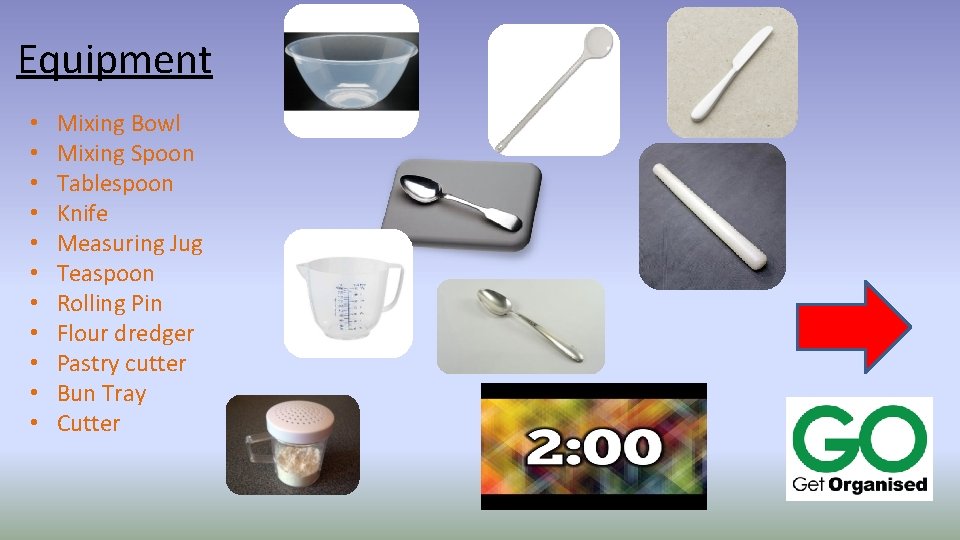 Equipment • • • Mixing Bowl Mixing Spoon Tablespoon Knife Measuring Jug Teaspoon Rolling