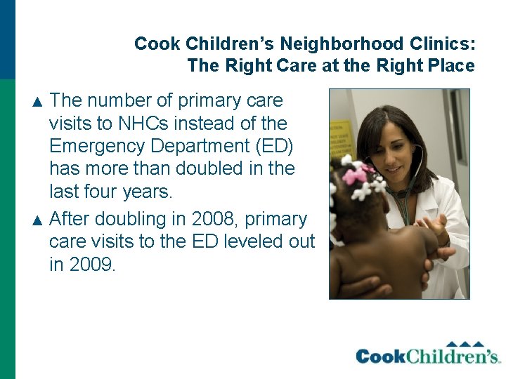 Cook Children’s Neighborhood Clinics: The Right Care at the Right Place The number of